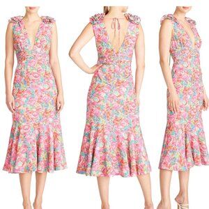 Sorena Floral Ruffle Shoulder Midi Dress (Amur)